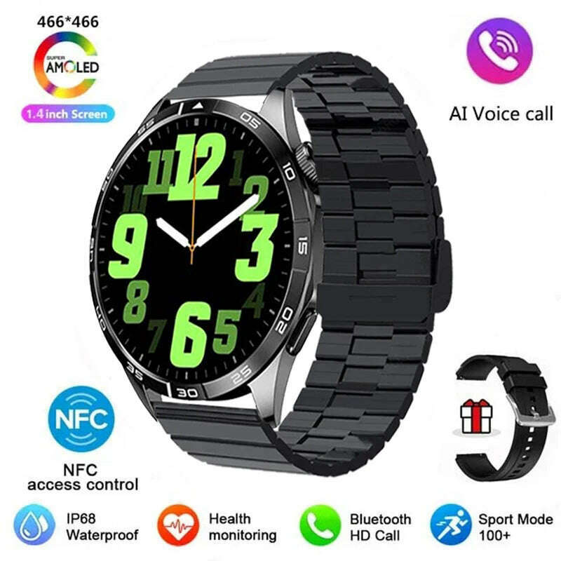 KIMLUD, For HUAWEI WATCH GT4 Pro Max Smart Watch Men Heart Rate NFC 466*466 AMOLED HD Screen Always Display Bluetooth Call SmartWatch, Black steel Belt B, KIMLUD APPAREL - Womens Clothes