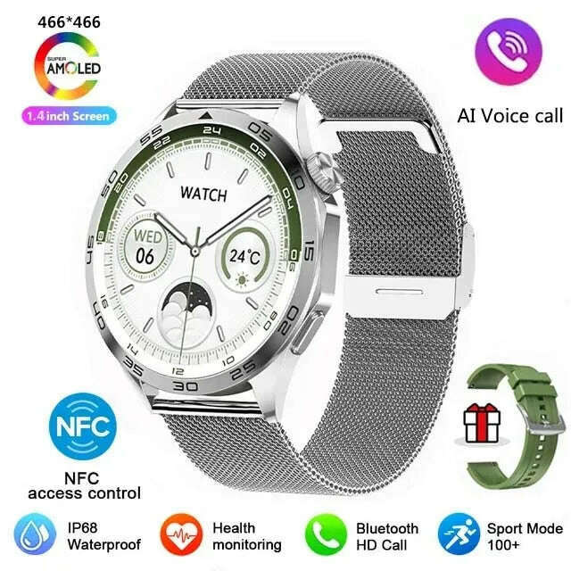 KIMLUD, For HUAWEI WATCH GT4 Pro Max Smart Watch Men Heart Rate NFC 466*466 AMOLED HD Screen Always Display Bluetooth Call SmartWatch, Silver Mesh Belt, KIMLUD APPAREL - Womens Clothes