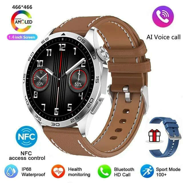 KIMLUD, For HUAWEI WATCH GT4 Pro Max Smart Watch Men Heart Rate NFC 466*466 AMOLED HD Screen Always Display Bluetooth Call SmartWatch, Brown Iather, KIMLUD APPAREL - Womens Clothes