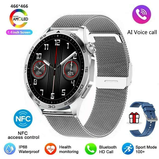 KIMLUD, For HUAWEI WATCH GT4 Pro Max Smart Watch Men Heart Rate NFC 466*466 AMOLED HD Screen Always Display Bluetooth Call SmartWatch, Silver Mesh Belt 1, KIMLUD APPAREL - Womens Clothes