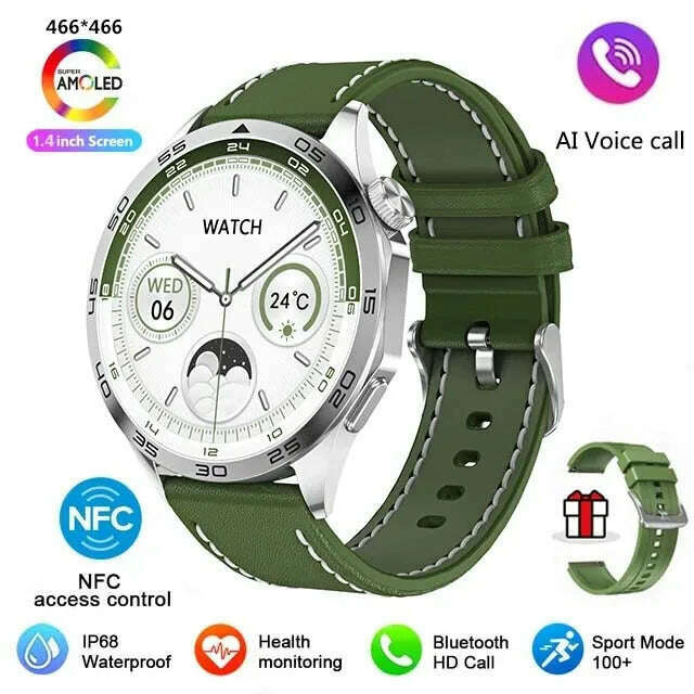 KIMLUD, For HUAWEI WATCH GT4 Pro Max Smart Watch Men Heart Rate NFC 466*466 AMOLED HD Screen Always Display Bluetooth Call SmartWatch, Green Iather, KIMLUD APPAREL - Womens Clothes
