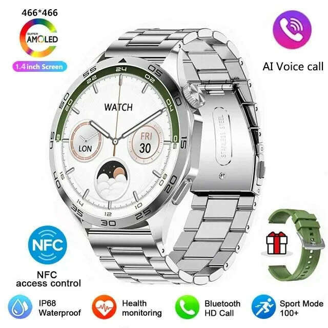 KIMLUD, For HUAWEI WATCH GT4 Pro Max Smart Watch Men Heart Rate NFC 466*466 AMOLED HD Screen Always Display Bluetooth Call SmartWatch, Silver steel Belt 1, KIMLUD APPAREL - Womens Clothes