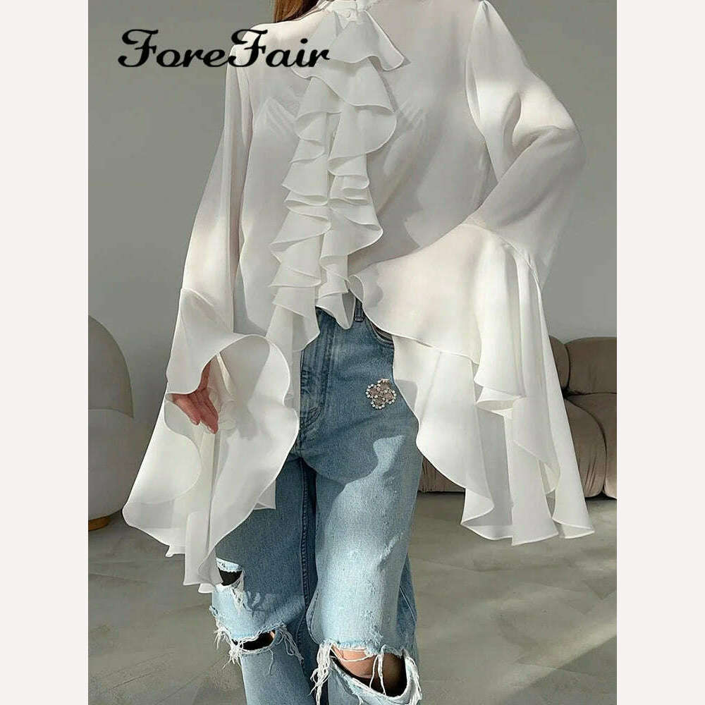 KIMLUD, Forefair Ruffled Patchwork Cardigan T-shirts Women Elegant Fashion High Street Loose Pullover Tees Female Autumn Winter Shirts, KIMLUD Womens Clothes