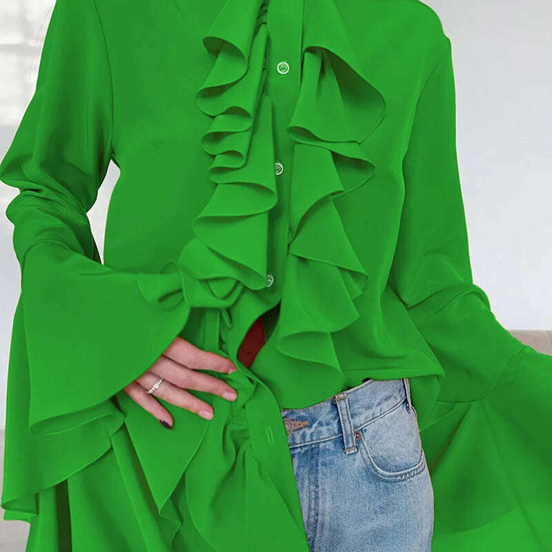 KIMLUD, Forefair Ruffled Patchwork Cardigan T-shirts Women Elegant Fashion High Street Loose Pullover Tees Female Autumn Winter Shirts, green / S, KIMLUD APPAREL - Womens Clothes