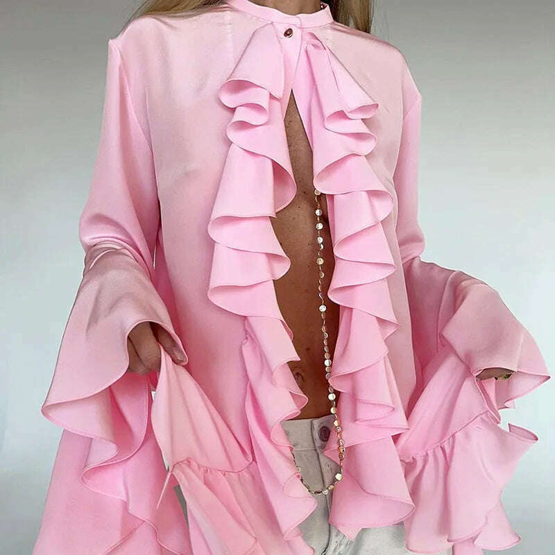KIMLUD, Forefair Ruffled Patchwork Cardigan T-shirts Women Elegant Fashion High Street Loose Pullover Tees Female Autumn Winter Shirts, Pink / S, KIMLUD APPAREL - Womens Clothes