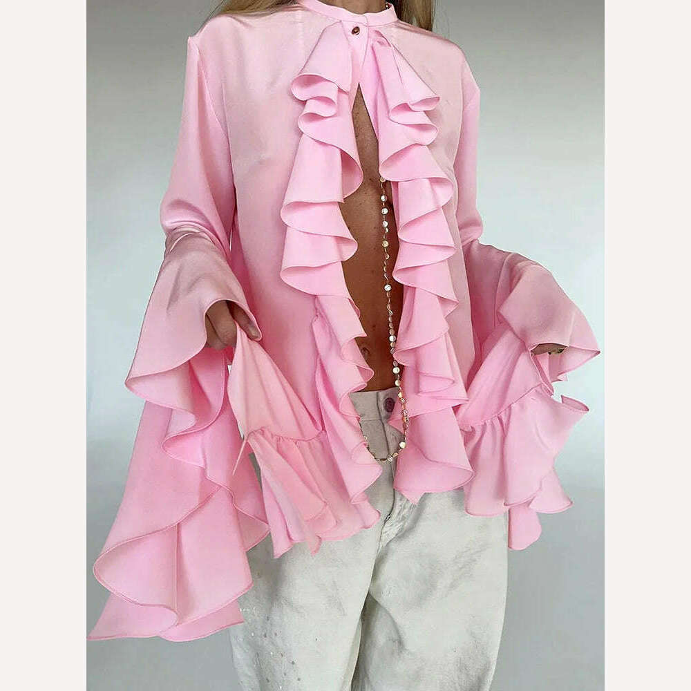 KIMLUD, Forefair Ruffled Patchwork Cardigan T-shirts Women Elegant Fashion High Street Loose Pullover Tees Female Autumn Winter Shirts, KIMLUD Womens Clothes
