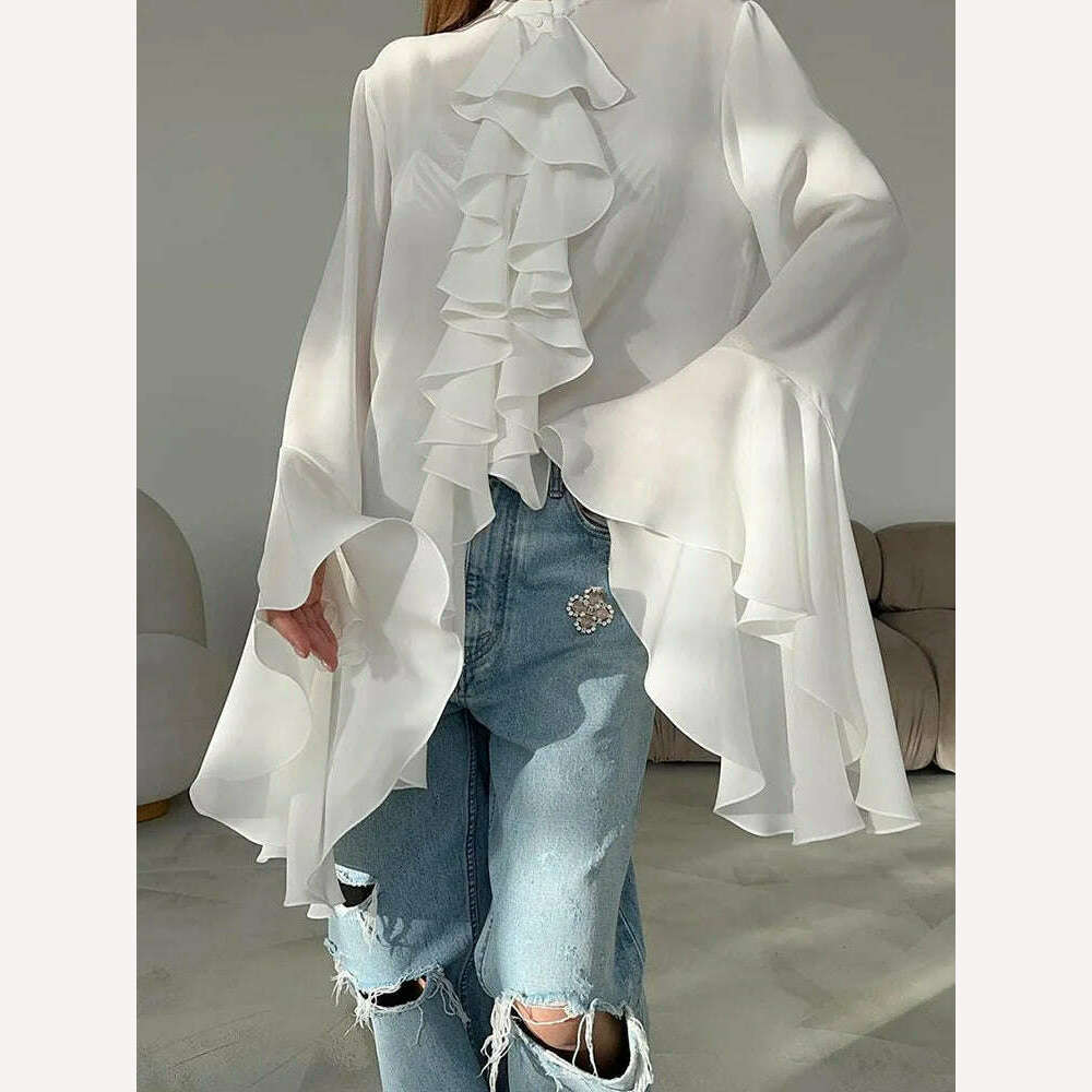 KIMLUD, Forefair Ruffled Patchwork Cardigan T-shirts Women Elegant Fashion High Street Loose Pullover Tees Female Autumn Winter Shirts, KIMLUD Womens Clothes