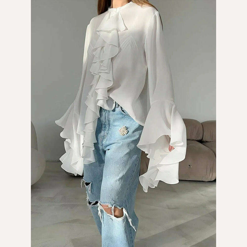 KIMLUD, Forefair Ruffled Patchwork Cardigan T-shirts Women Elegant Fashion High Street Loose Pullover Tees Female Autumn Winter Shirts, KIMLUD Womens Clothes