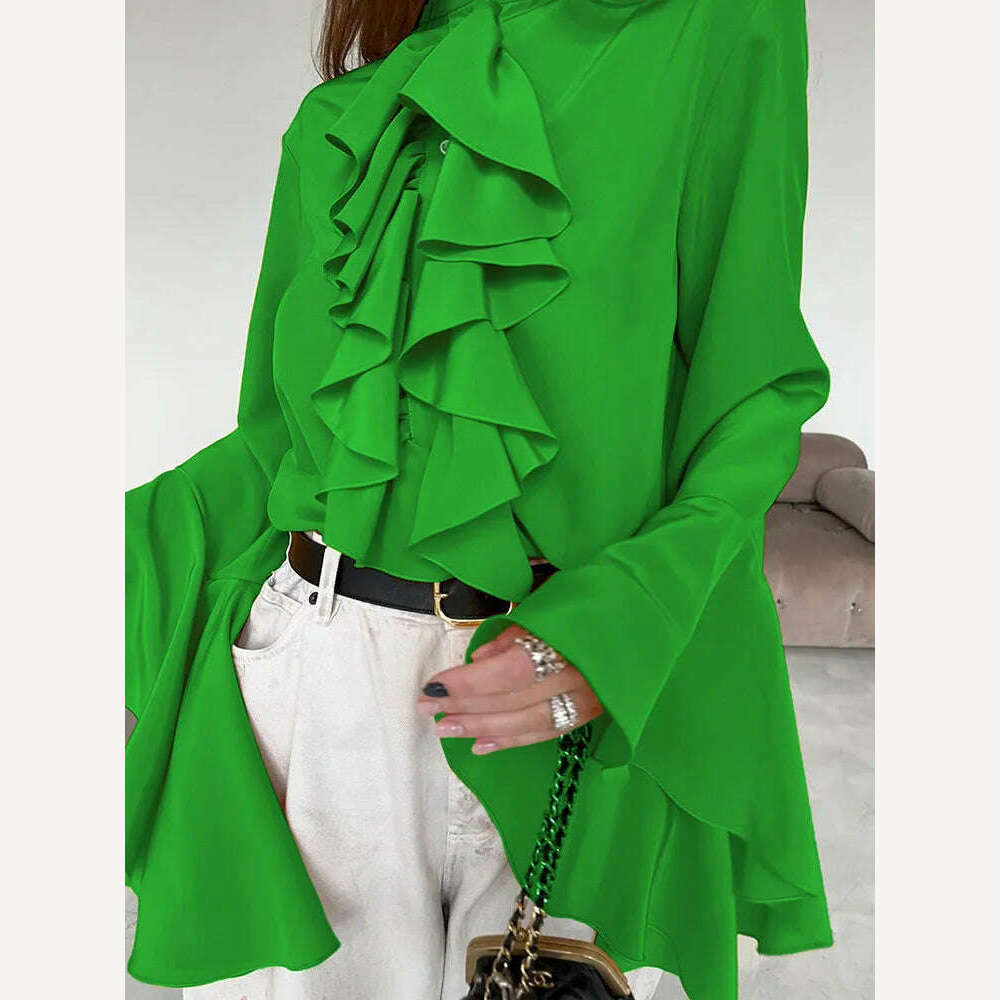 KIMLUD, Forefair Ruffled Patchwork Cardigan T-shirts Women Elegant Fashion High Street Loose Pullover Tees Female Autumn Winter Shirts, KIMLUD Womens Clothes