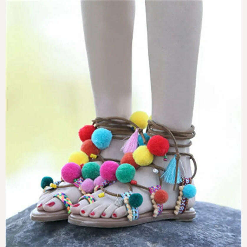 Fornihapfirafs Lovely Mixed Color Pompom Bohemia Sandals Braided Strappy Thong Flats Gladiator Women Sandals Beach Shoes Woman - KIMLUD