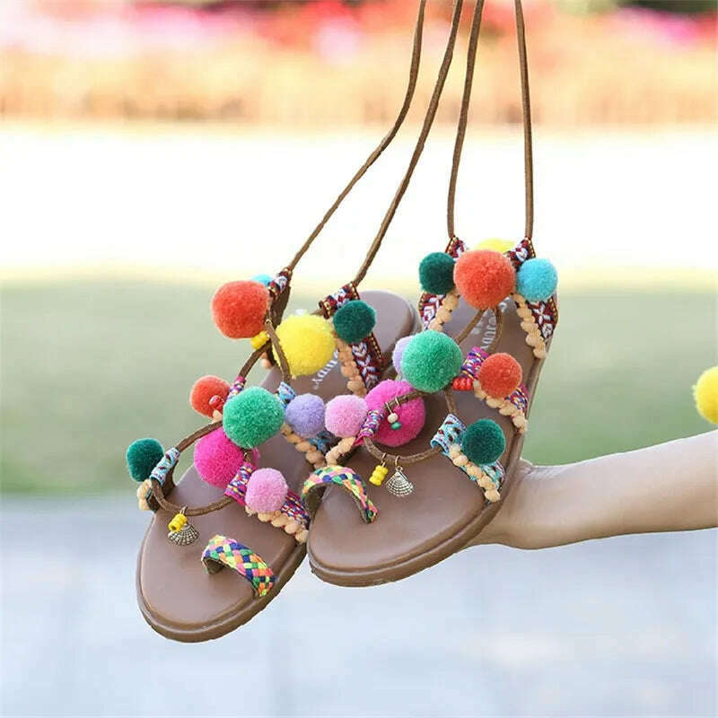 Fornihapfirafs Lovely Mixed Color Pompom Bohemia Sandals Braided Strappy Thong Flats Gladiator Women Sandals Beach Shoes Woman - KIMLUD