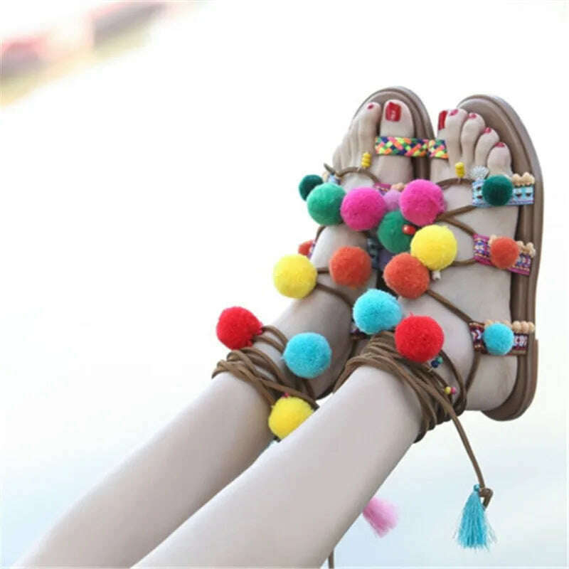 Fornihapfirafs Lovely Mixed Color Pompom Bohemia Sandals Braided Strappy Thong Flats Gladiator Women Sandals Beach Shoes Woman - KIMLUD