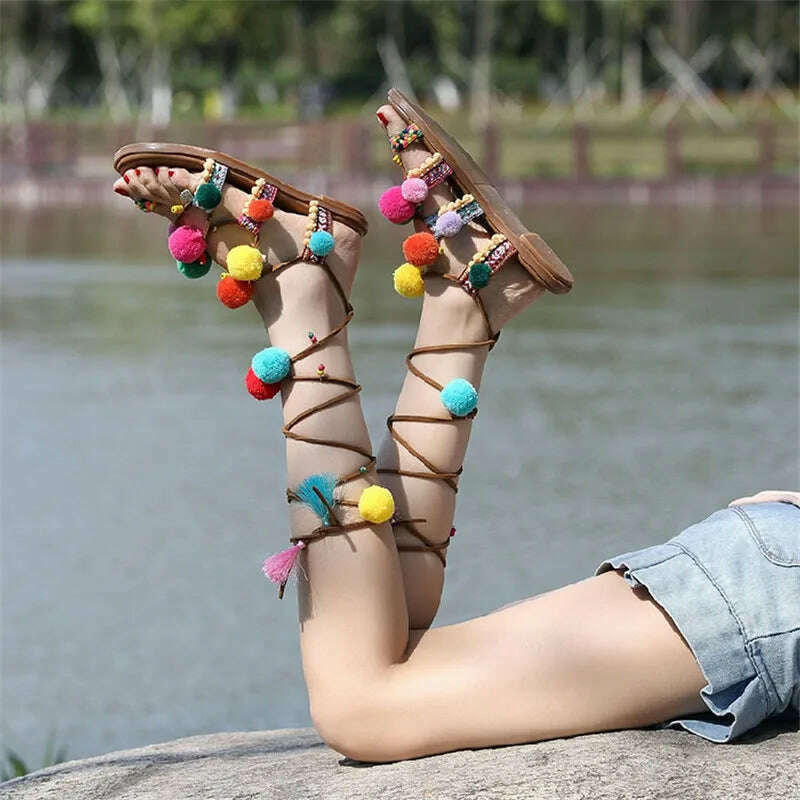 Fornihapfirafs Lovely Mixed Color Pompom Bohemia Sandals Braided Strappy Thong Flats Gladiator Women Sandals Beach Shoes Woman - KIMLUD