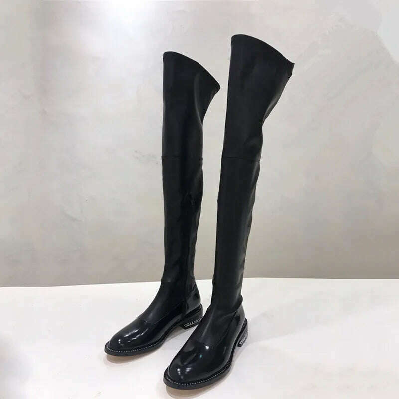 KIMLUD, Fornihapfirafs New Sexy Women Stretchy Long Boots Chain Side Zip Stacked Heels Thigh High Boots Black Over-the-Knee High Boots, KIMLUD Womens Clothes