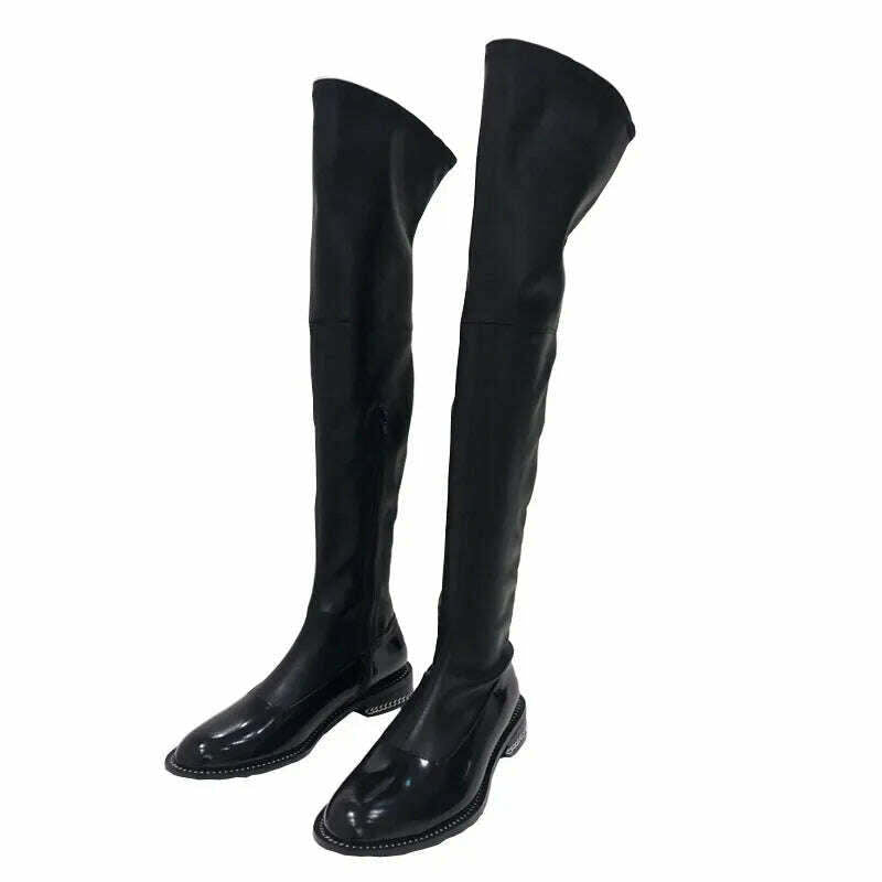 KIMLUD, Fornihapfirafs New Sexy Women Stretchy Long Boots Chain Side Zip Stacked Heels Thigh High Boots Black Over-the-Knee High Boots, KIMLUD Womens Clothes