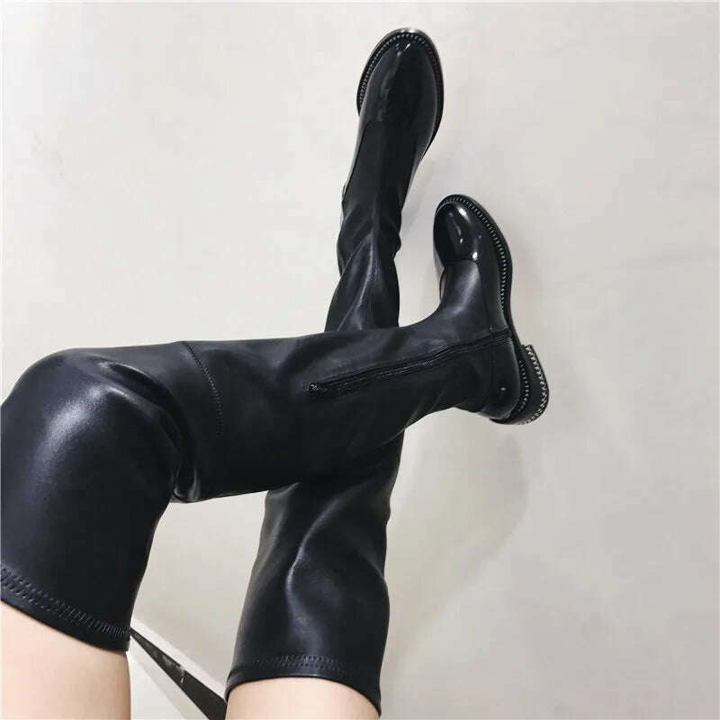 KIMLUD, Fornihapfirafs New Sexy Women Stretchy Long Boots Chain Side Zip Stacked Heels Thigh High Boots Black Over-the-Knee High Boots, KIMLUD Womens Clothes