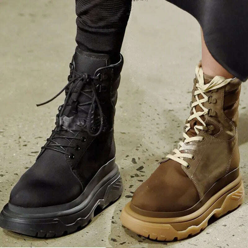 KIMLUD, Fornihapfirafs Patckwork High Top Woman Short Boots Platform Lace Up Women Ankle Boots Shoes Woman Cross-tied Women Boots Shoes, KIMLUD Womens Clothes