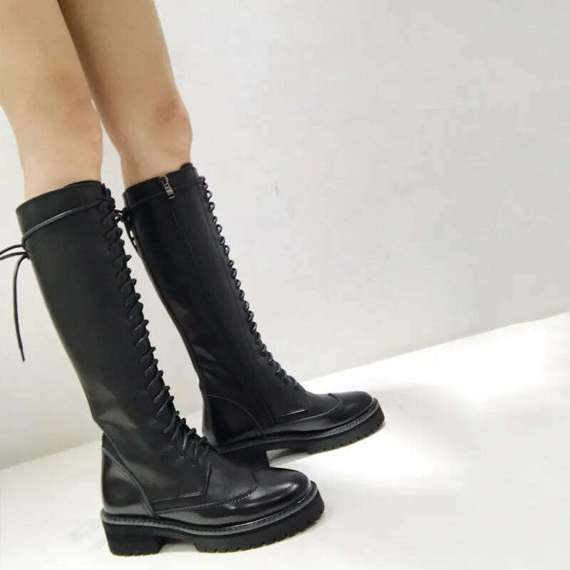 KIMLUD, Fornihapfirafs Sexy Women Knee High Boots Black Leather Front Lace Up Side Zipper Platform Stacked Heels Woman Long Boots Shoes, KIMLUD Womens Clothes