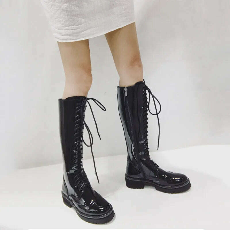 KIMLUD, Fornihapfirafs Sexy Women Knee High Boots Black Leather Front Lace Up Side Zipper Platform Stacked Heels Woman Long Boots Shoes, KIMLUD Womens Clothes