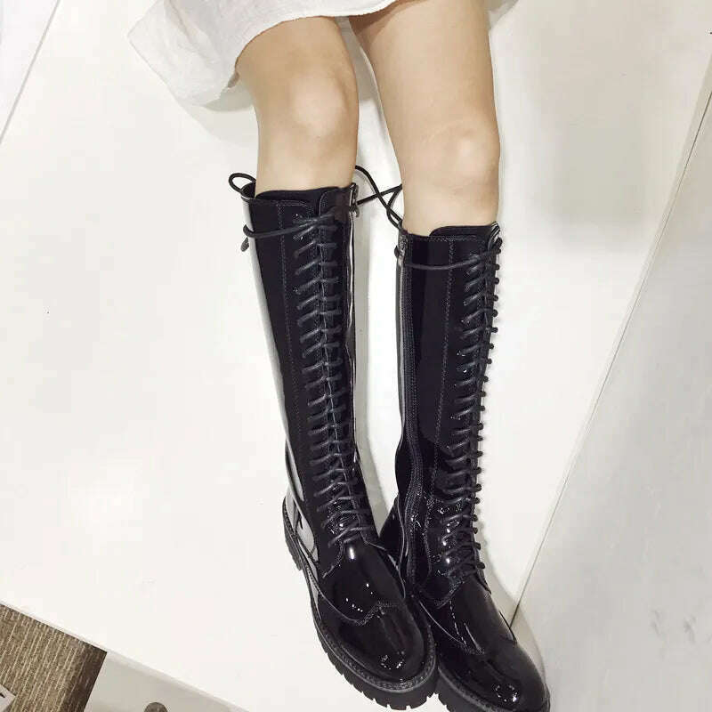 KIMLUD, Fornihapfirafs Sexy Women Knee High Boots Black Leather Front Lace Up Side Zipper Platform Stacked Heels Woman Long Boots Shoes, KIMLUD Womens Clothes