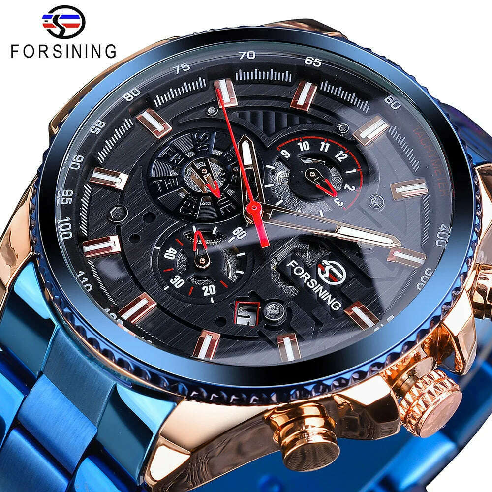 KIMLUD, Forsining 2019 3 Dial Calendar Multifunction Military Luminous Hand Mens Mechanical Sport Automatic Wrist Watch Top Brand Luxury, GMT1137-15 / CHINA, KIMLUD APPAREL - Womens Clothes
