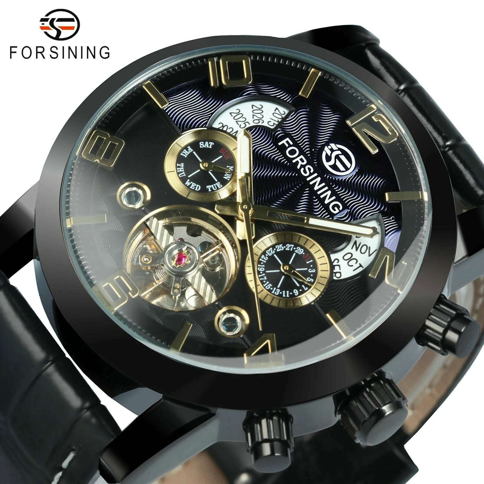 KIMLUD, Forsining Classic Tourbillon Men Mechanical Wristwatches Top Brand Luxury Multifunction Automatic Watch Leather Strap Male Clock, KIMLUD Womens Clothes