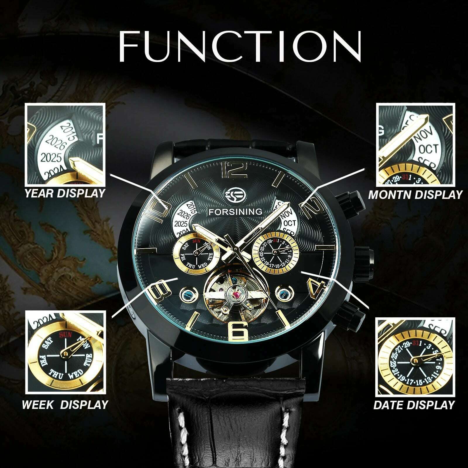 KIMLUD, Forsining Classic Tourbillon Men Mechanical Wristwatches Top Brand Luxury Multifunction Automatic Watch Leather Strap Male Clock, KIMLUD Womens Clothes