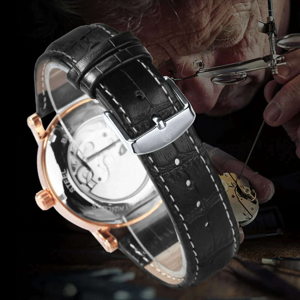 KIMLUD, Forsining Tourbillion Retro Men Watch Fashion Diamond Automatic Mechanical Wristwatches Moon Phase Sub-Dial Luxury Leather Strap, KIMLUD Womens Clothes