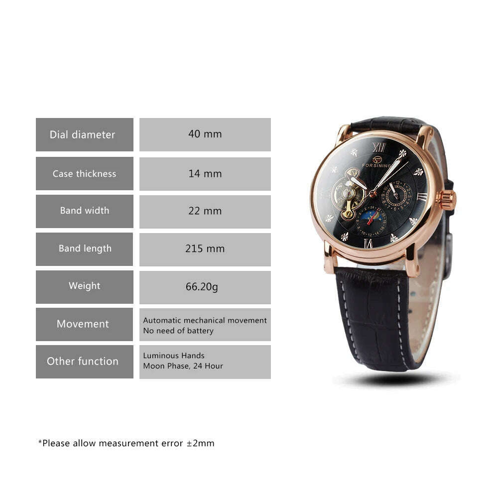 KIMLUD, Forsining Tourbillion Retro Men Watch Fashion Diamond Automatic Mechanical Wristwatches Moon Phase Sub-Dial Luxury Leather Strap, KIMLUD Womens Clothes