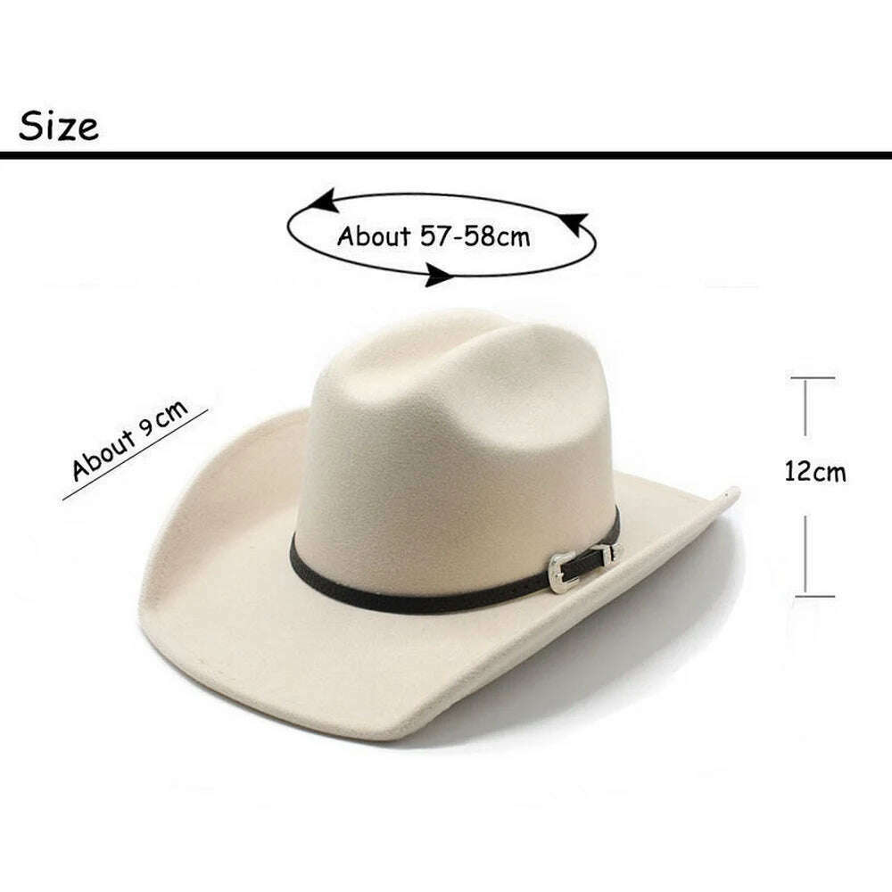 KIMLUD, Four Seasons Cowboy Hats Jazz Caps For Women And Men Woolen 57-58cm Western Curved Brim Cowgirl Accessories NZ0067, KIMLUD Womens Clothes