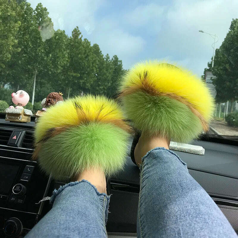 Fox Fur Slippers Women Summer Furry Home Outdoor Flat Sandals Casual Boys Raccoon Slides High Quality Luxury Flip Flops Shoes - KIMLUD