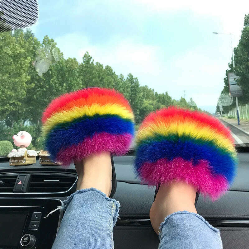 Fox Fur Slippers Women Summer Furry Home Outdoor Flat Sandals Casual Boys Raccoon Slides High Quality Luxury Flip Flops Shoes - KIMLUD