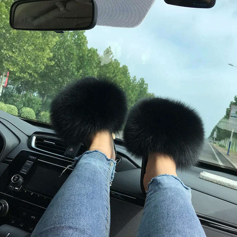 Fox Fur Slippers Women Summer Furry Home Outdoor Flat Sandals Casual Boys Raccoon Slides High Quality Luxury Flip Flops Shoes - KIMLUD