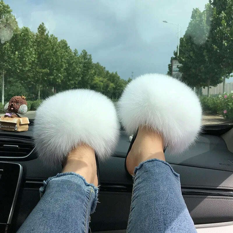 Fox Fur Slippers Women Summer Furry Home Outdoor Flat Sandals Casual Boys Raccoon Slides High Quality Luxury Flip Flops Shoes - KIMLUD