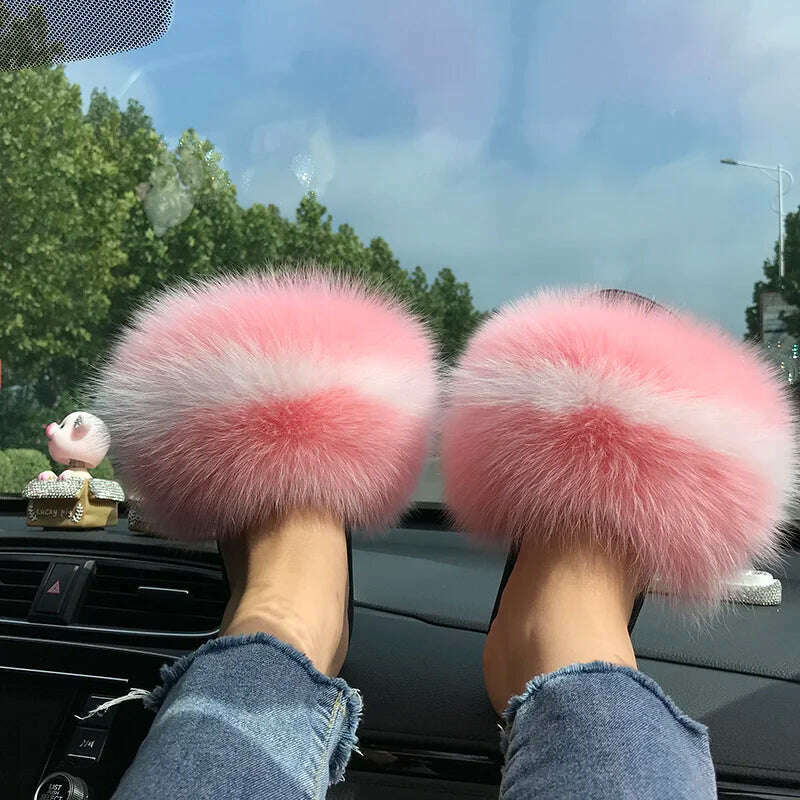 Fox Fur Slippers Women Summer Furry Home Outdoor Flat Sandals Casual Boys Raccoon Slides High Quality Luxury Flip Flops Shoes - KIMLUD