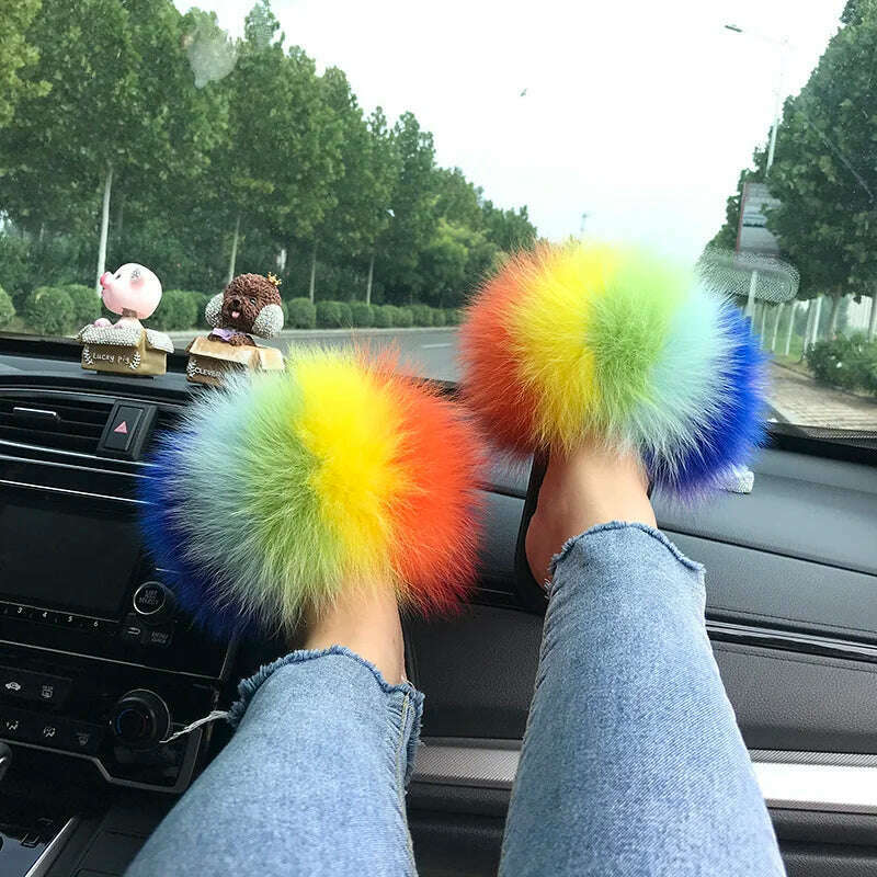 Fox Fur Slippers Women Summer Furry Home Outdoor Flat Sandals Casual Boys Raccoon Slides High Quality Luxury Flip Flops Shoes - KIMLUD