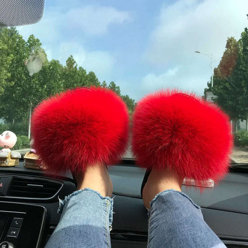 Fox Fur Slippers Women Summer Furry Home Outdoor Flat Sandals Casual Boys Raccoon Slides High Quality Luxury Flip Flops Shoes - KIMLUD