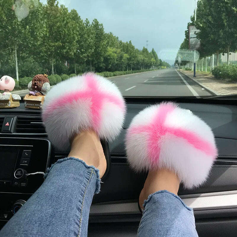 Fox Fur Slippers Women Summer Furry Home Outdoor Flat Sandals Casual Boys Raccoon Slides High Quality Luxury Flip Flops Shoes - KIMLUD
