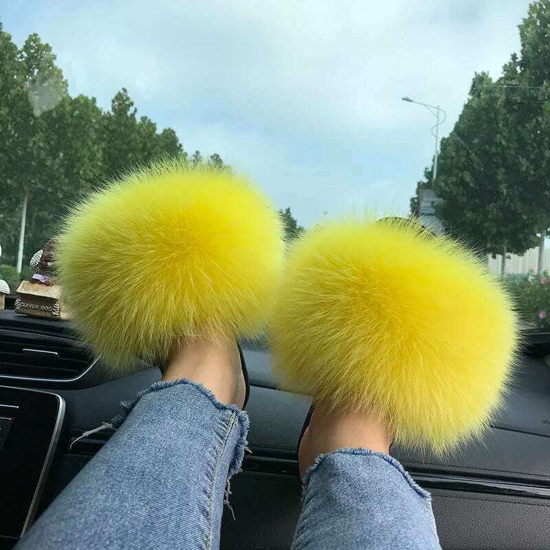 Fox Fur Slippers Women Summer Furry Home Outdoor Flat Sandals Casual Boys Raccoon Slides High Quality Luxury Flip Flops Shoes - KIMLUD