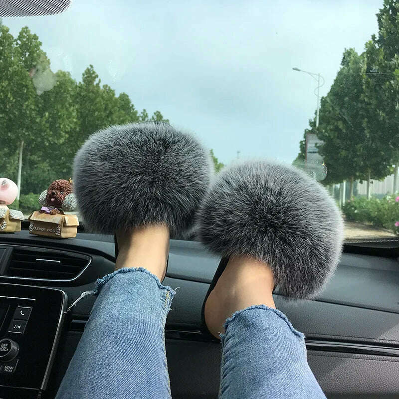Fox Fur Slippers Women Summer Furry Home Outdoor Flat Sandals Casual Boys Raccoon Slides High Quality Luxury Flip Flops Shoes - KIMLUD