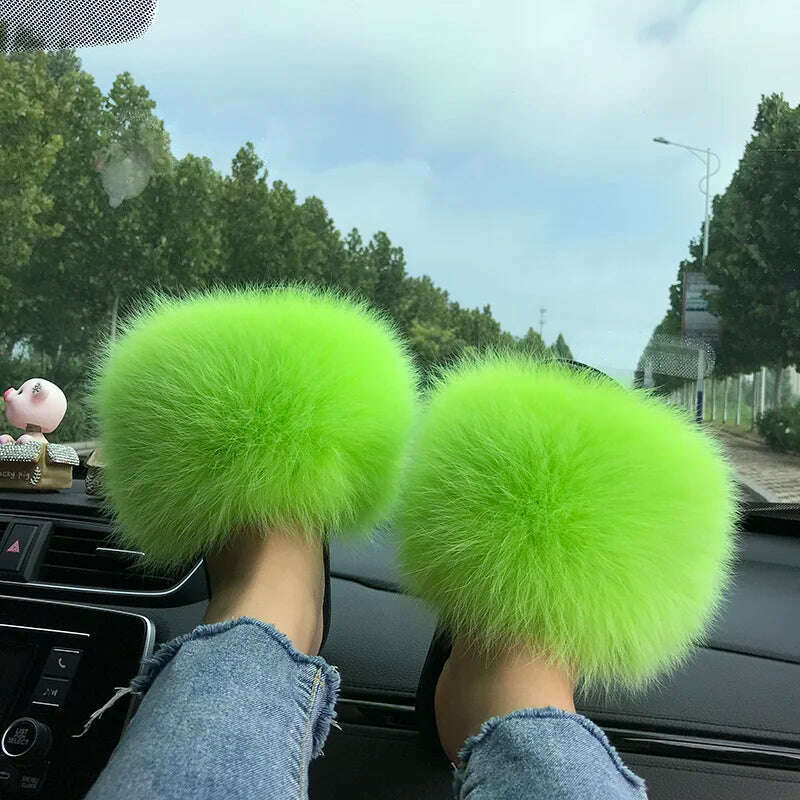 Fox Fur Slippers Women Summer Furry Home Outdoor Flat Sandals Casual Boys Raccoon Slides High Quality Luxury Flip Flops Shoes - KIMLUD