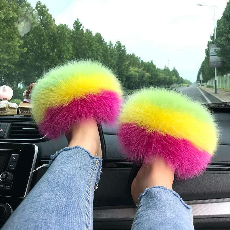Fox Fur Slippers Women Summer Furry Home Outdoor Flat Sandals Casual Boys Raccoon Slides High Quality Luxury Flip Flops Shoes - KIMLUD