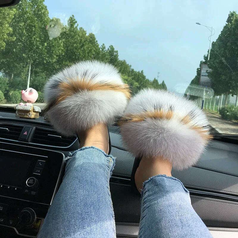 Fox Fur Slippers Women Summer Furry Home Outdoor Flat Sandals Casual Boys Raccoon Slides High Quality Luxury Flip Flops Shoes - KIMLUD