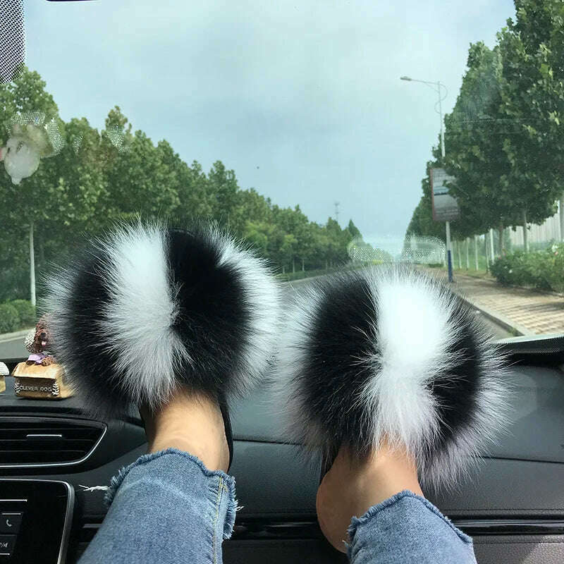 Fox Fur Slippers Women Summer Furry Home Outdoor Flat Sandals Casual Boys Raccoon Slides High Quality Luxury Flip Flops Shoes - KIMLUD
