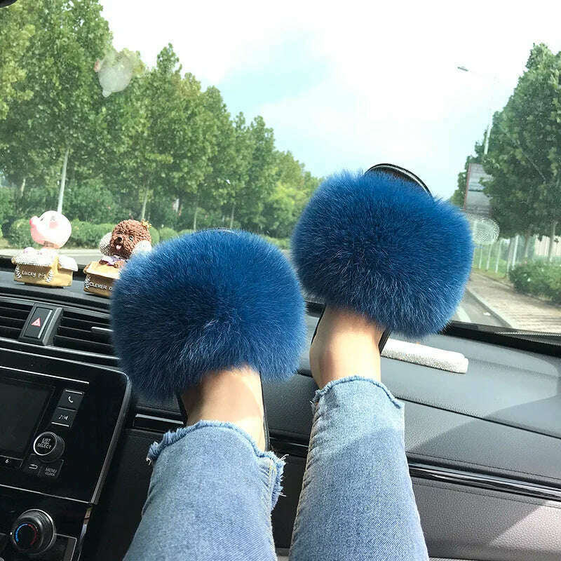 Fox Fur Slippers Women Summer Furry Home Outdoor Flat Sandals Casual Boys Raccoon Slides High Quality Luxury Flip Flops Shoes - KIMLUD