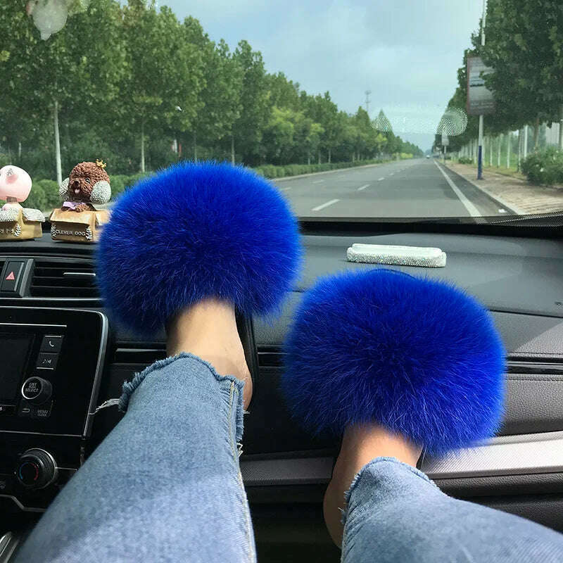Fox Fur Slippers Women Summer Furry Home Outdoor Flat Sandals Casual Boys Raccoon Slides High Quality Luxury Flip Flops Shoes - KIMLUD