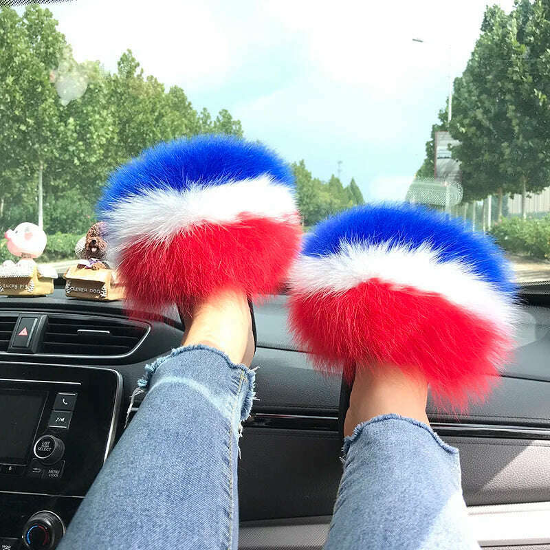 Fox Fur Slippers Women Summer Furry Home Outdoor Flat Sandals Casual Boys Raccoon Slides High Quality Luxury Flip Flops Shoes - KIMLUD