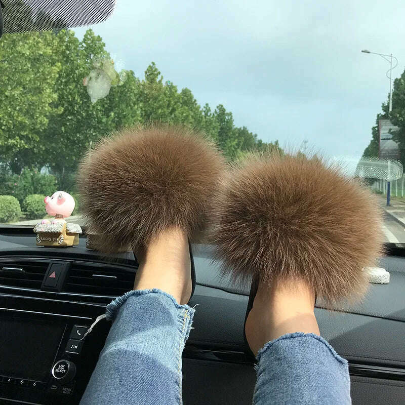 Fox Fur Slippers Women Summer Furry Home Outdoor Flat Sandals Casual Boys Raccoon Slides High Quality Luxury Flip Flops Shoes - KIMLUD