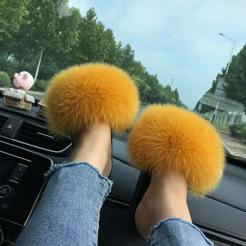 Fox Fur Slippers Women Summer Furry Home Outdoor Flat Sandals Casual Boys Raccoon Slides High Quality Luxury Flip Flops Shoes - KIMLUD