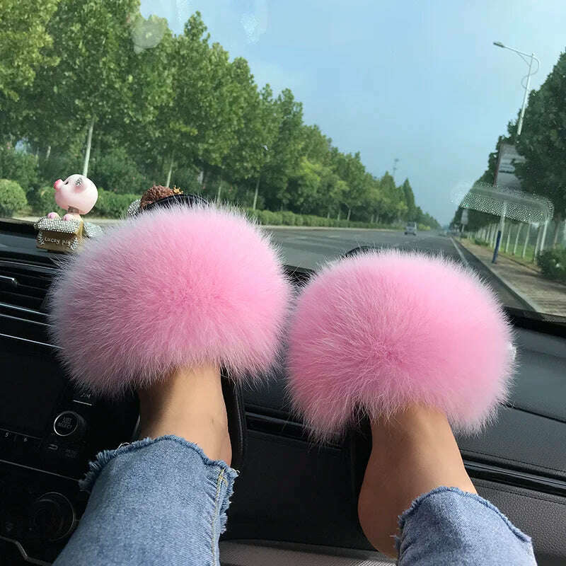 Fox Fur Slippers Women Summer Furry Home Outdoor Flat Sandals Casual Boys Raccoon Slides High Quality Luxury Flip Flops Shoes - KIMLUD